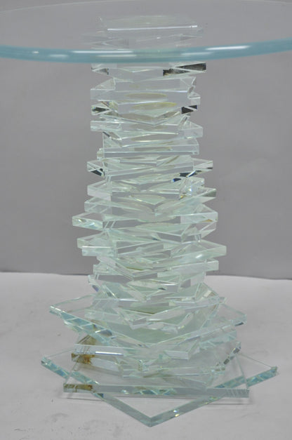 Vintage Mid Century Modern Stacked Glass Skyscraper Round Accent Side Table