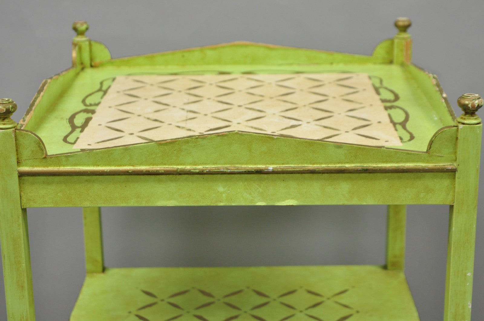 Vintage Italian Venetian Green Distress Painted 3 Tier French Country Side Table