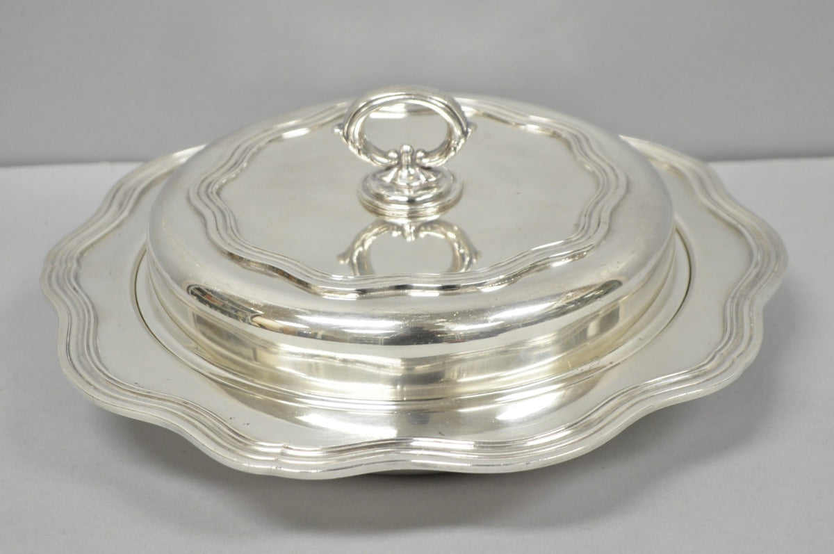 Vintage Sheffield Round Scalloped Silver Plated Covered Divided Serving Dish