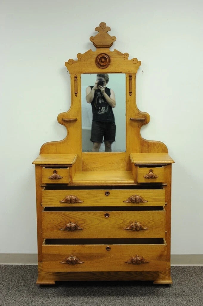 Antique Eastlake Victorian Carved Chestnut Step Down Cottage Dresser w/ Mirror