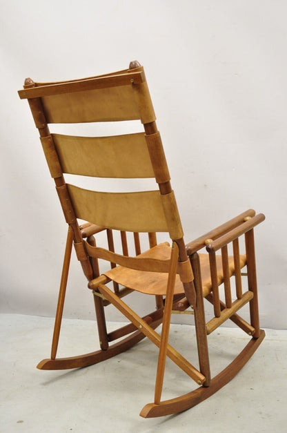 Costa Rican Campaign Style Teak Brown Leather Folding Rocker Rocking Chair