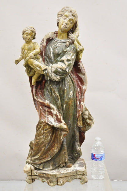 Antique Spanish Latin Polychromed Carved Wood Figure Madonna and Child Statue