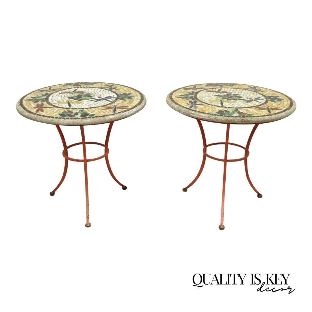 Italian Dragonfly Mosaic Tile Round Stone Top Iron Patio Side Tables - Pair