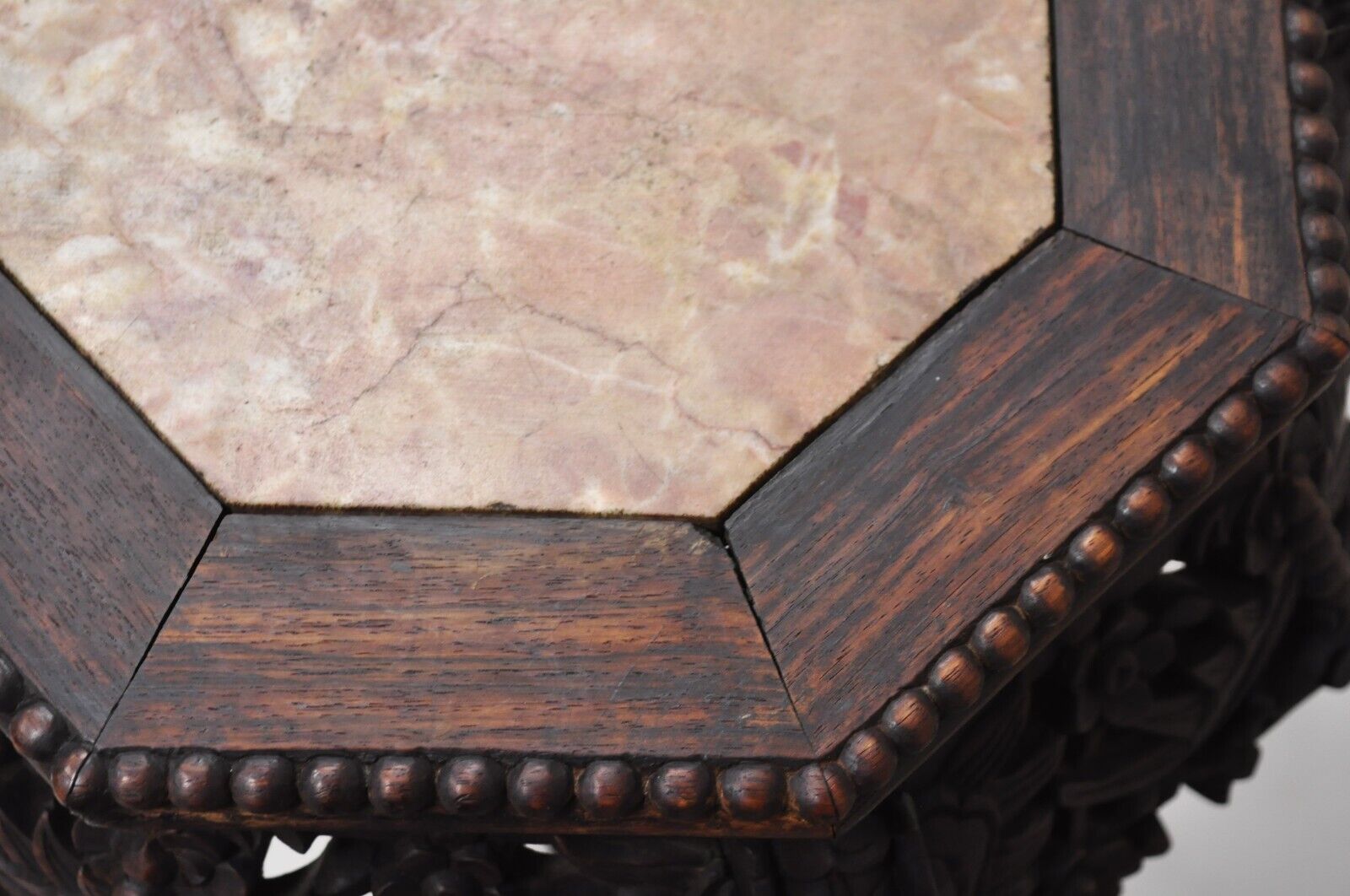 Antique Chinese Carved Hardwood Marble Top Oriental Plant Stand Side Table