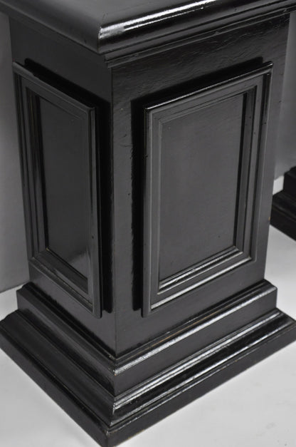Vintage French Empire Style Black Lacquer Painted Pedestal Column End Table Pair