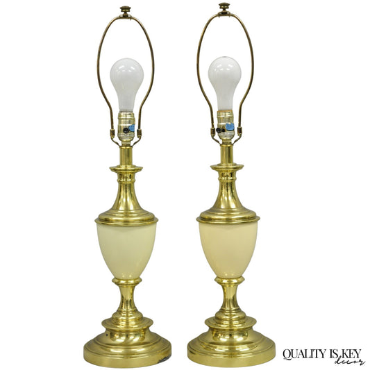 Vintage Stiffel Hollywood Regency Cream Enamel Brass Urn Table Lamps - a Pair