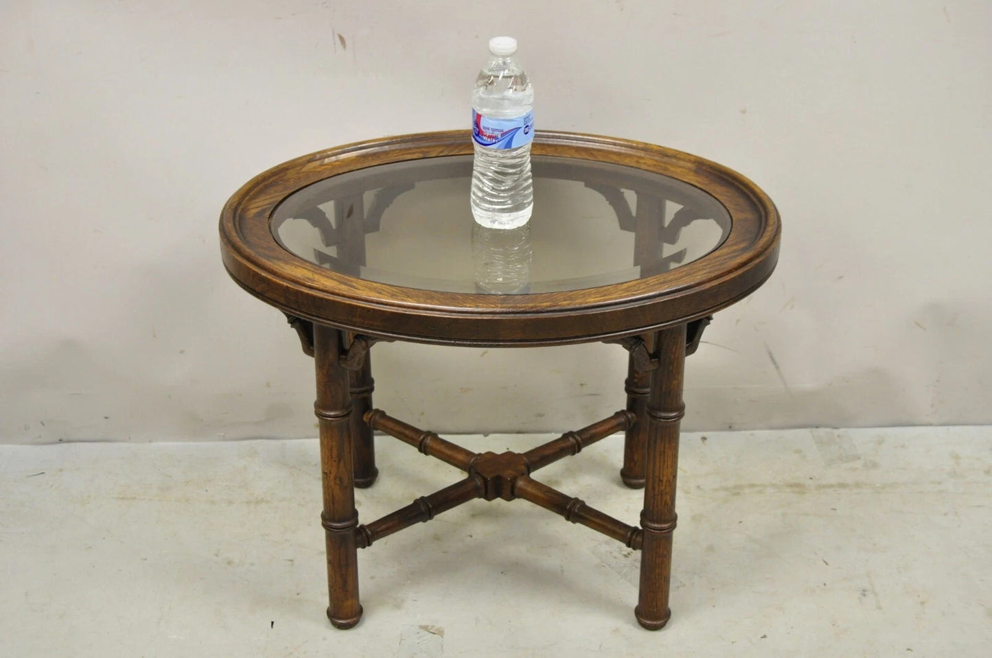 Vintage Chinese Chippendale Faux Bamboo Oval Small Glass Top Side End Table Pair