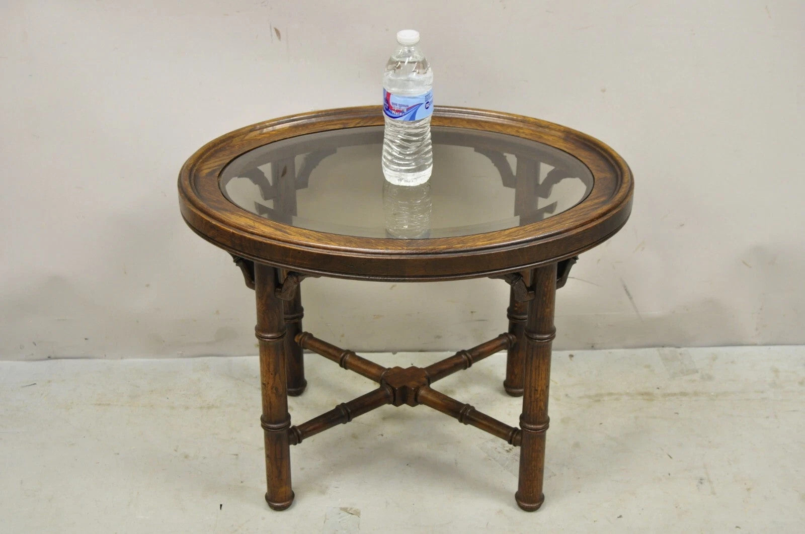 Vintage Chinese Chippendale Faux Bamboo Oval Small Glass Top Side End Table Pair