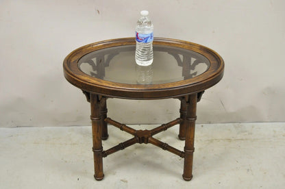 Vintage Chinese Chippendale Faux Bamboo Oval Small Glass Top Side End Table Pair