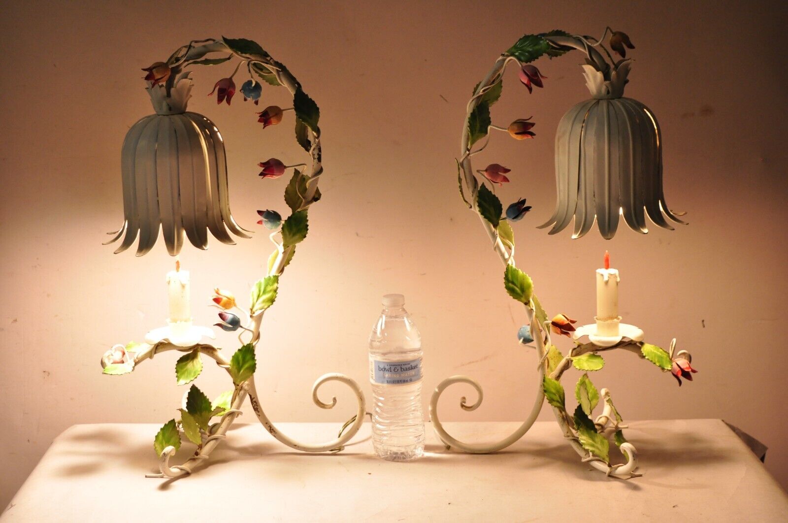 Vintage Italian Regency Tole Metal Flower Table Lamp w/ Tulip Shade - A Pair