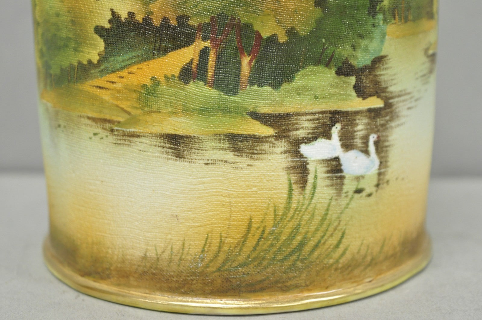 Antique Nippon Hand Painted Coralene Porcelain Lake Duck Scene Biscuit Jar