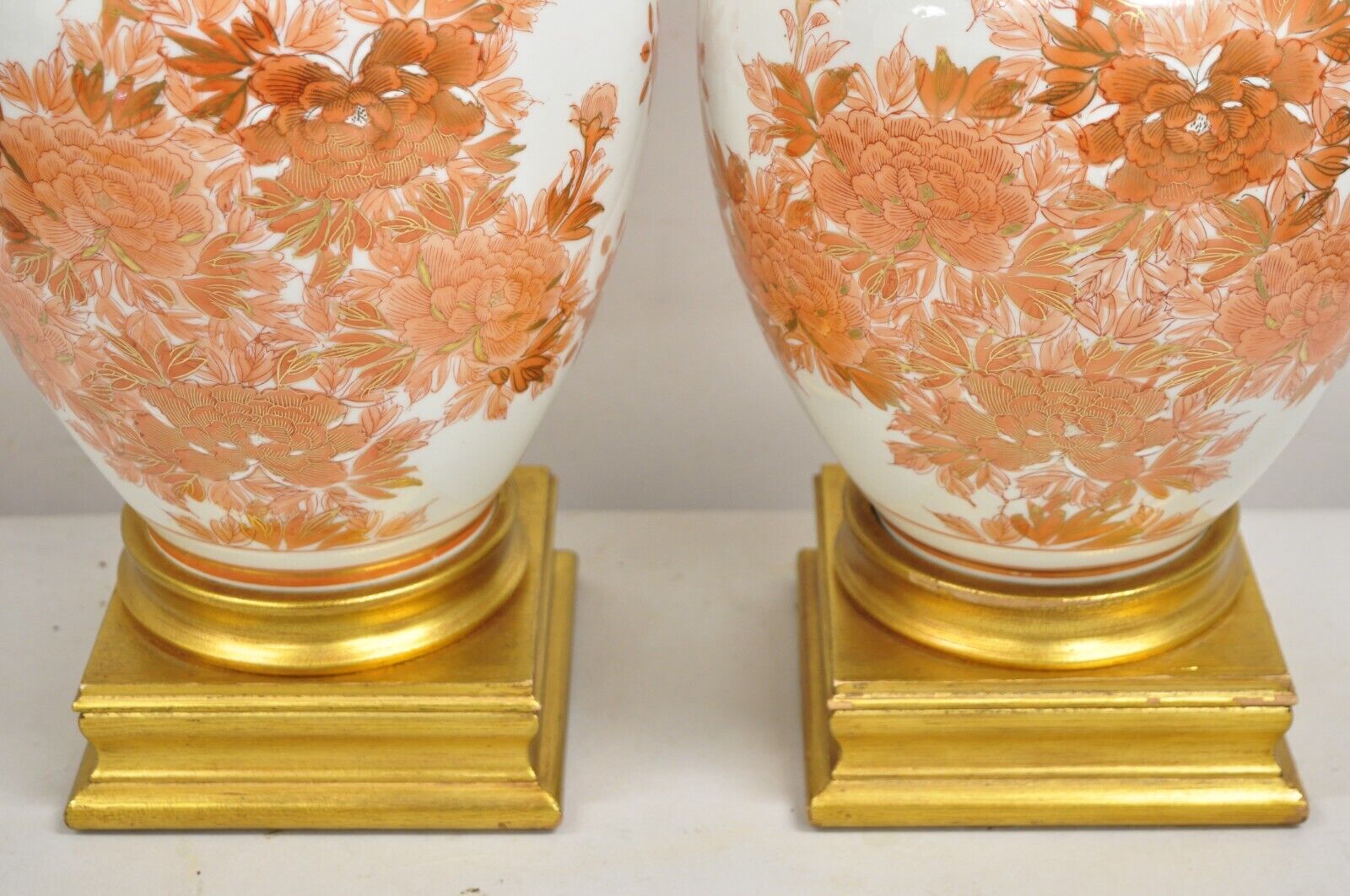 Vintage Marbro Chinoiserie Porcelain Vase Orange Floral Asian Table Lamp Pair