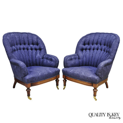 Vintage English Napoleon III Style Blue Button Tufted Fan Back Club Chairs, Pair
