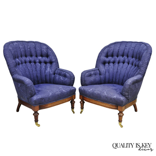 Vintage English Napoleon III Style Blue Button Tufted Fan Back Club Chairs, Pair