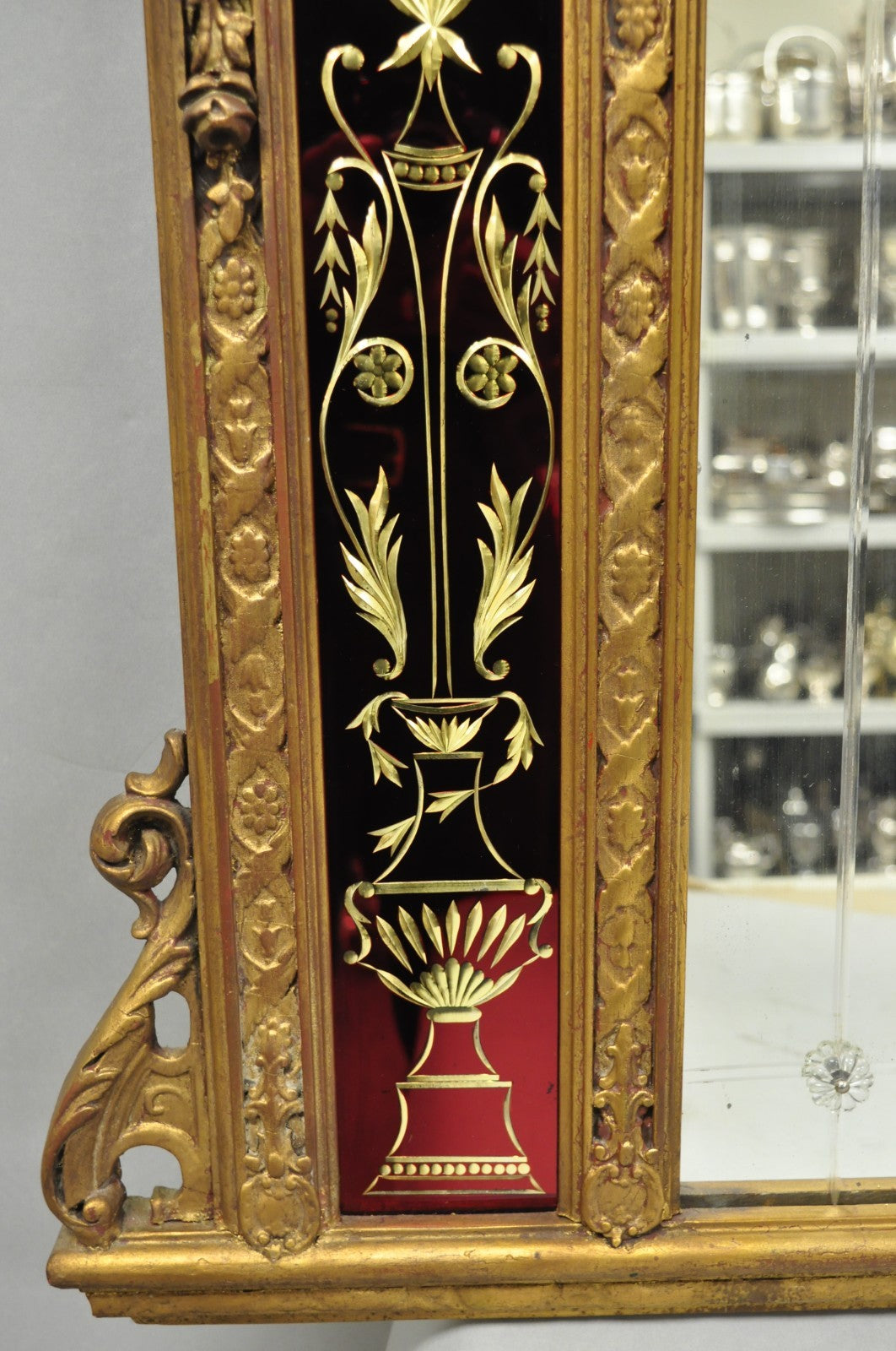 Antique French Neoclassical Baroque Gold Gilt Gesso Red Glass Frame Wall Mirror