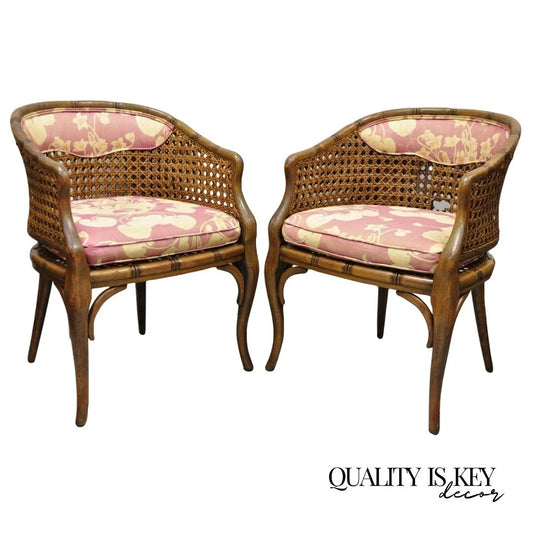 Vintage Hollywood Regency Faux Bamboo Cane Barrel Back Lounge Chairs (A) - Pair