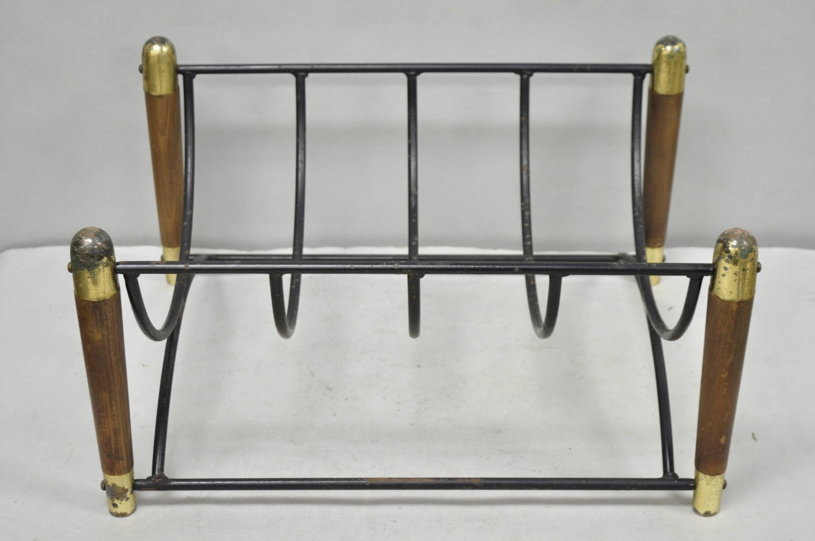 Mid Century Modern Wood & Wrought Iron Magazine Rack Fireplace Log Holder