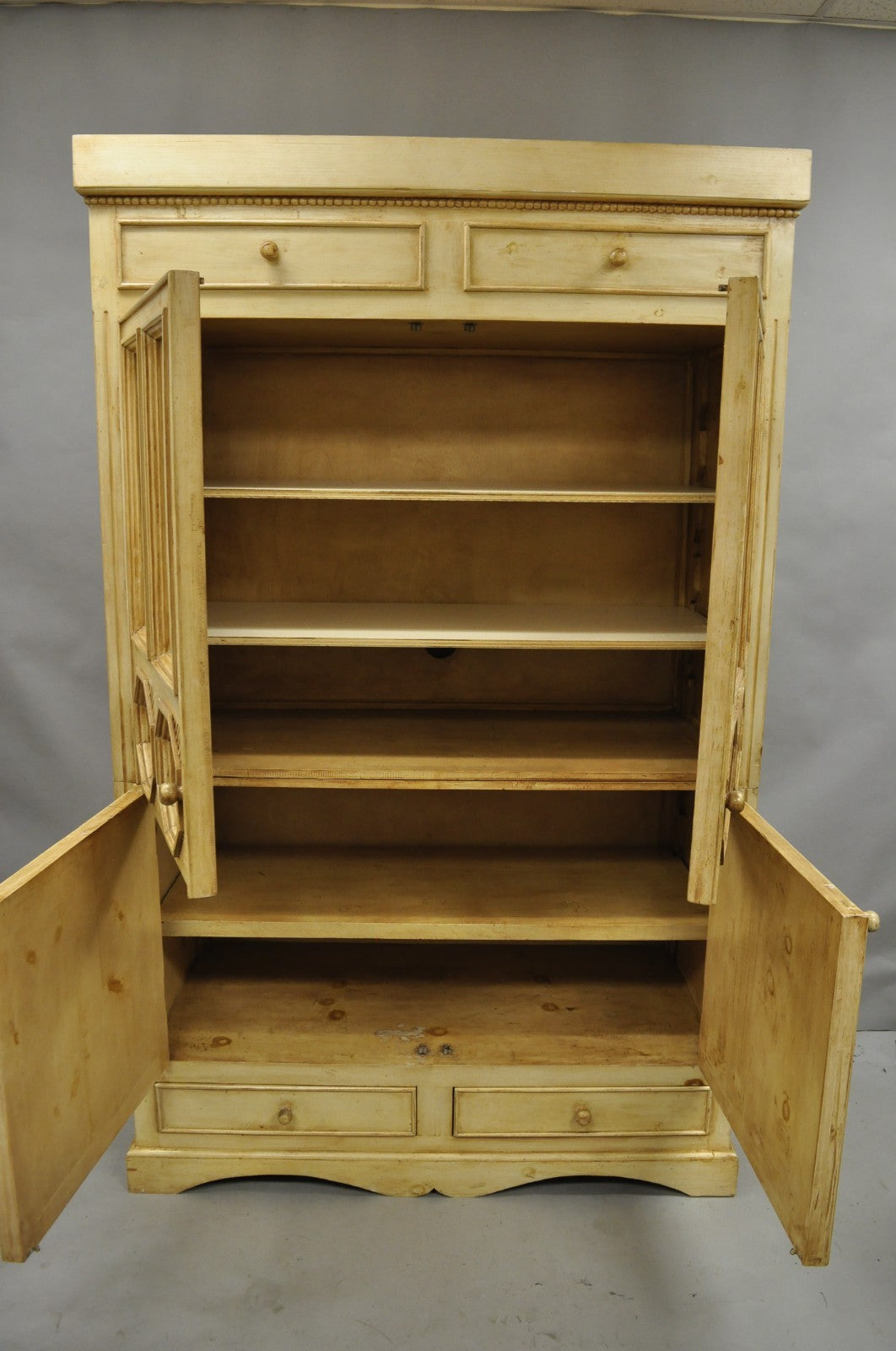 French Country Provincial Distressed Knotty Pine Wood 2 Part Cupboard Cabinet