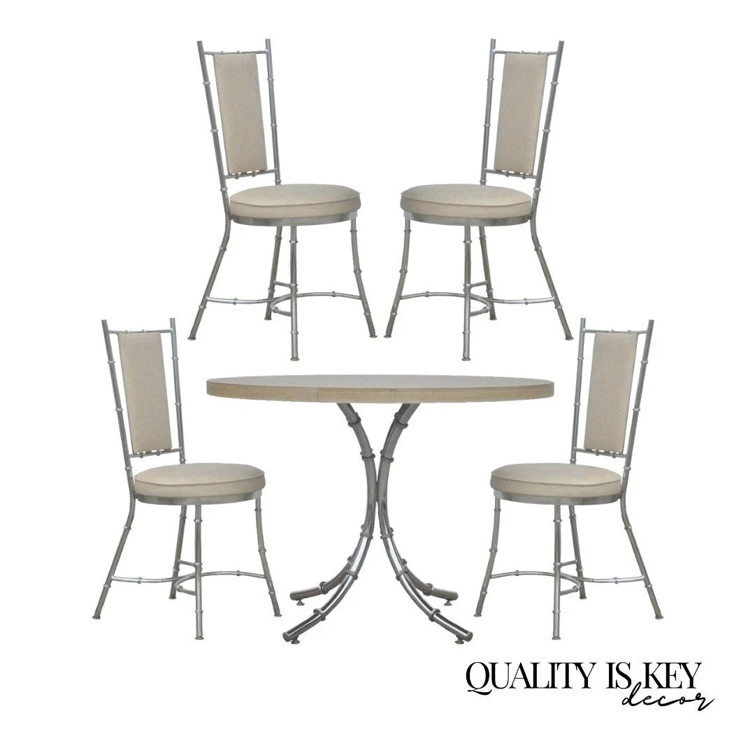 Vintage Hollywood Regency Chrome Metal Faux Bamboo Dining Kitchen Set - 5 Pc Set