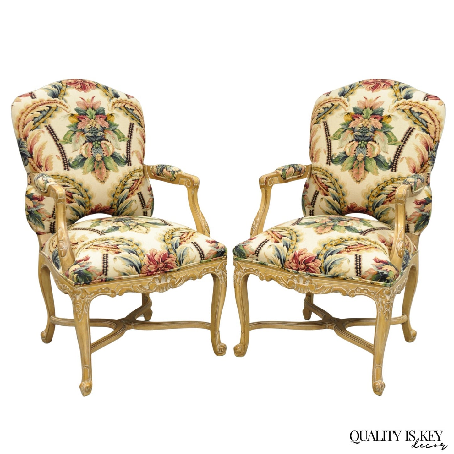 Vintage French Country Louis XV Style Carved Wood Lounge Arm Chairs - a Pair