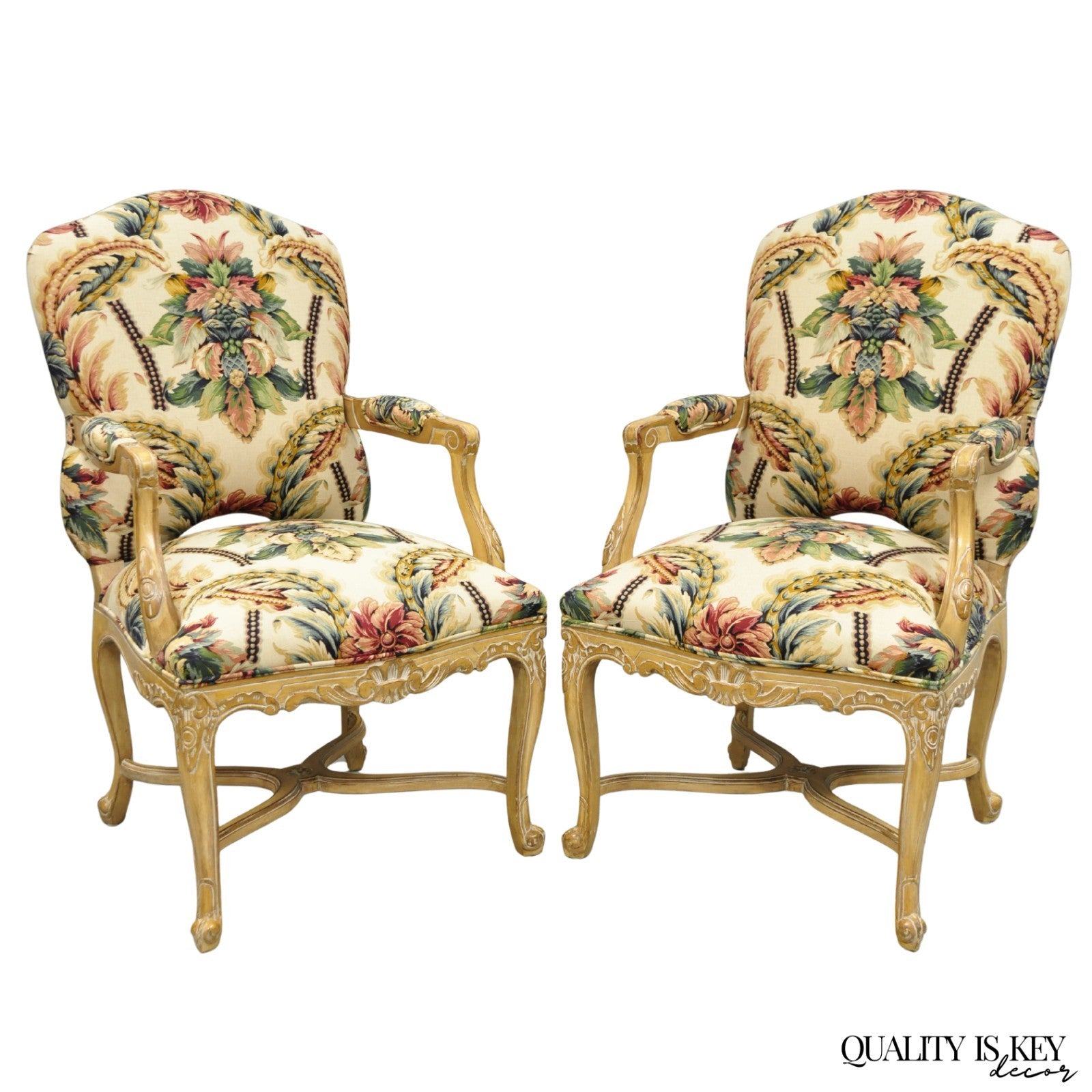 Vintage French Country Louis XV Style Carved Wood Lounge Arm Chairs - a Pair