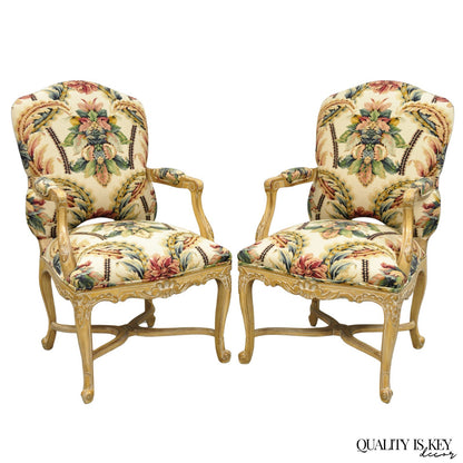 Vintage French Country Louis XV Style Carved Wood Lounge Arm Chairs - a Pair