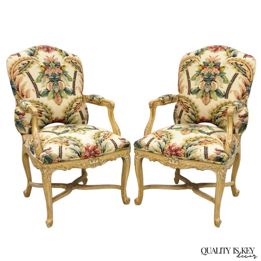 Vintage French Country Louis XV Style Carved Wood Lounge Arm Chairs - a Pair