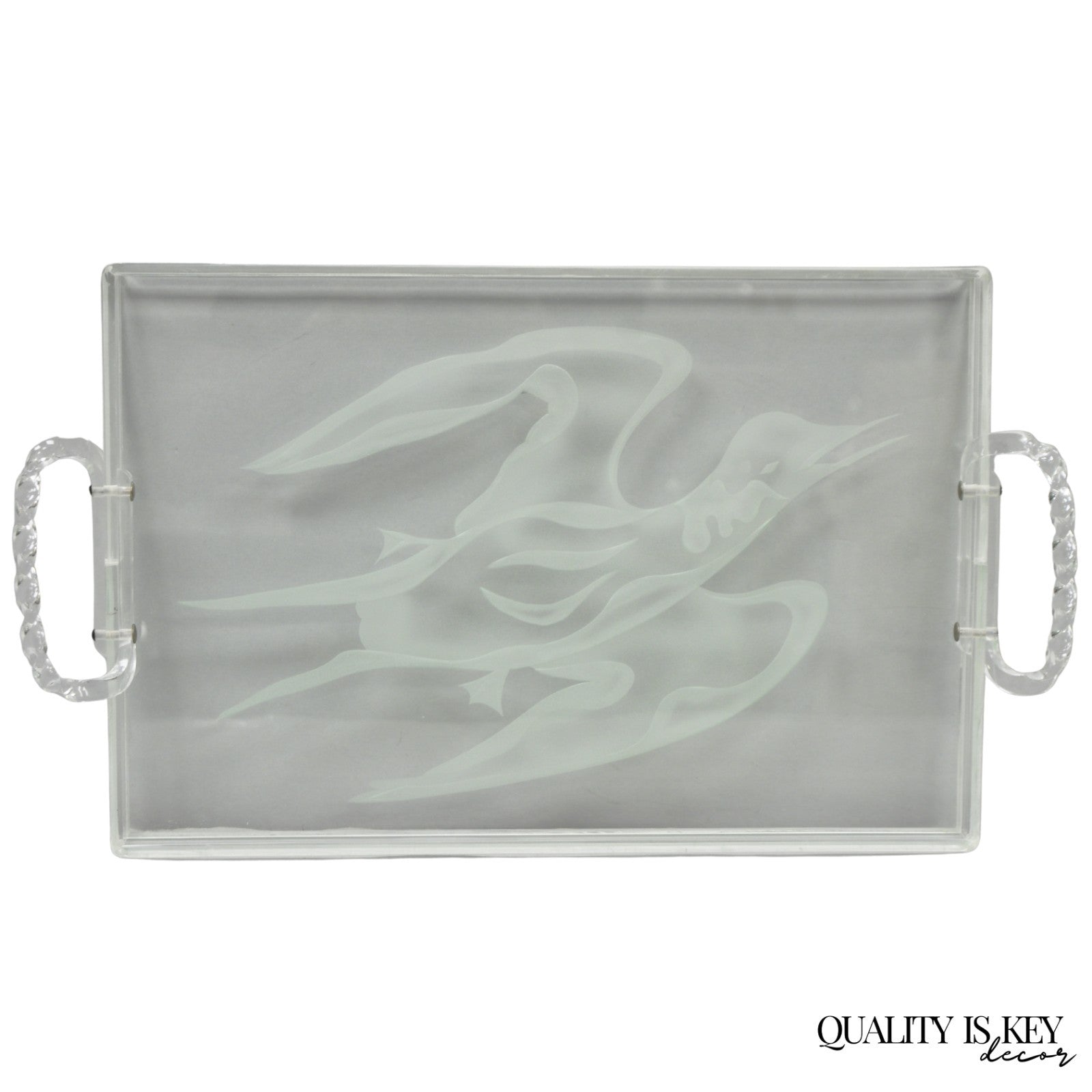 Vintage Mid Century Modern Dorothy Thorpe Style Etched Glass Bird Acrylic Tray