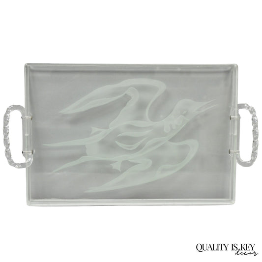 Vintage Mid Century Modern Dorothy Thorpe Style Etched Glass Bird Acrylic Tray