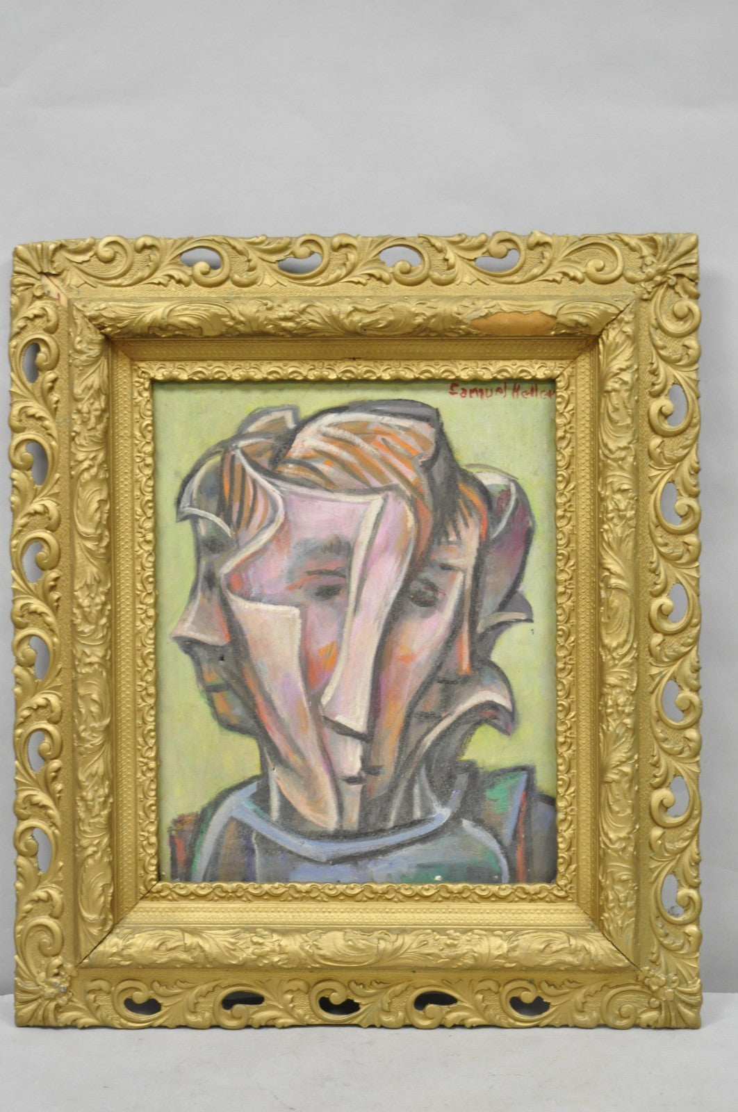 Vintage Samuel Heller "Face in Motion" Picasso Style Oil on Canvas Painting
