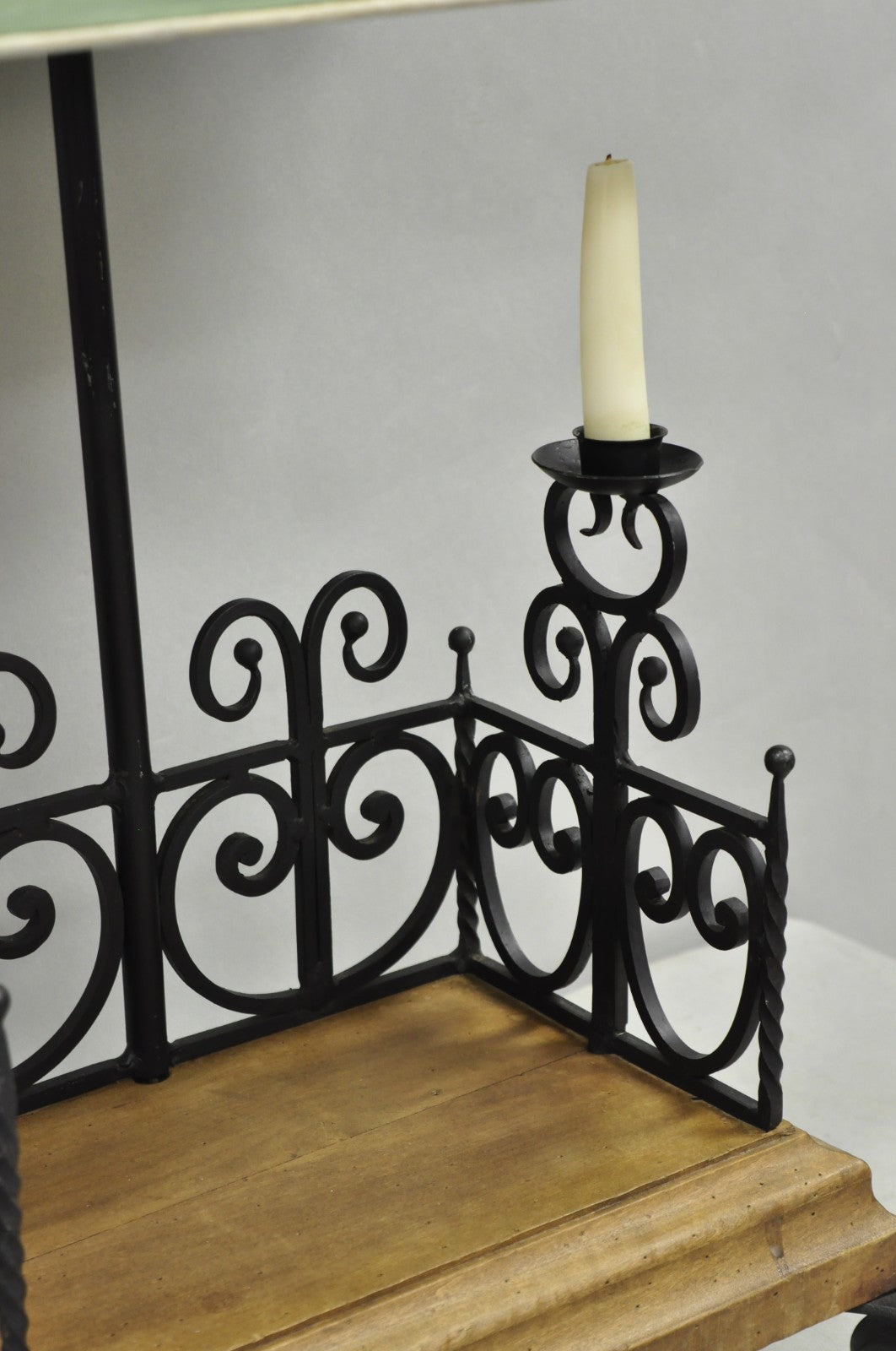 Vintage French Country Gothic Renaissance Scrolling Wrought Iron Wood Table Lamp