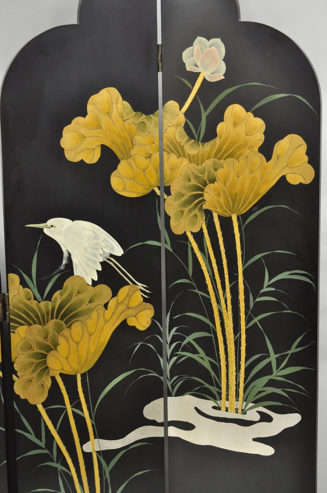 Decorator Chinoiserie Black Lacquer Oriental Painted 4 Panel Room Divider Screen