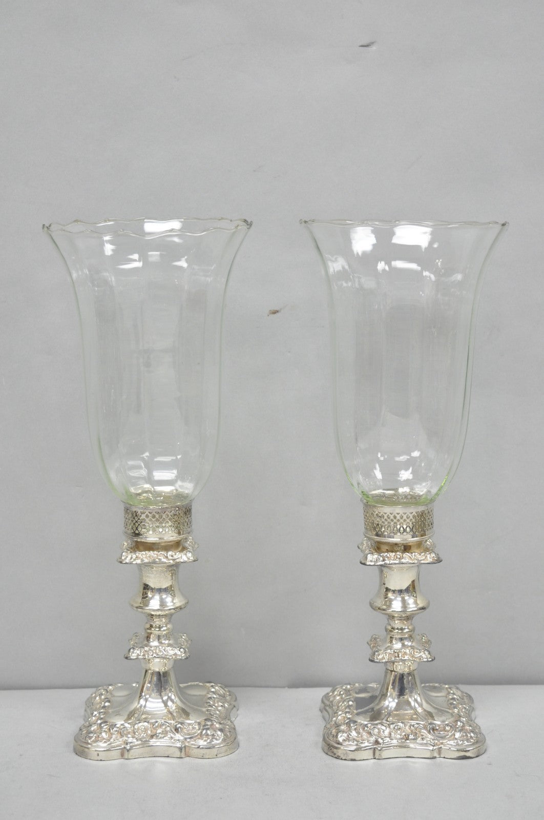 Antique Victorian Silver Plated Glass Hurricane Lamp Shade Candlestick - Pair