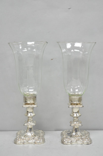 Antique Victorian Silver Plated Glass Hurricane Lamp Shade Candlestick - Pair