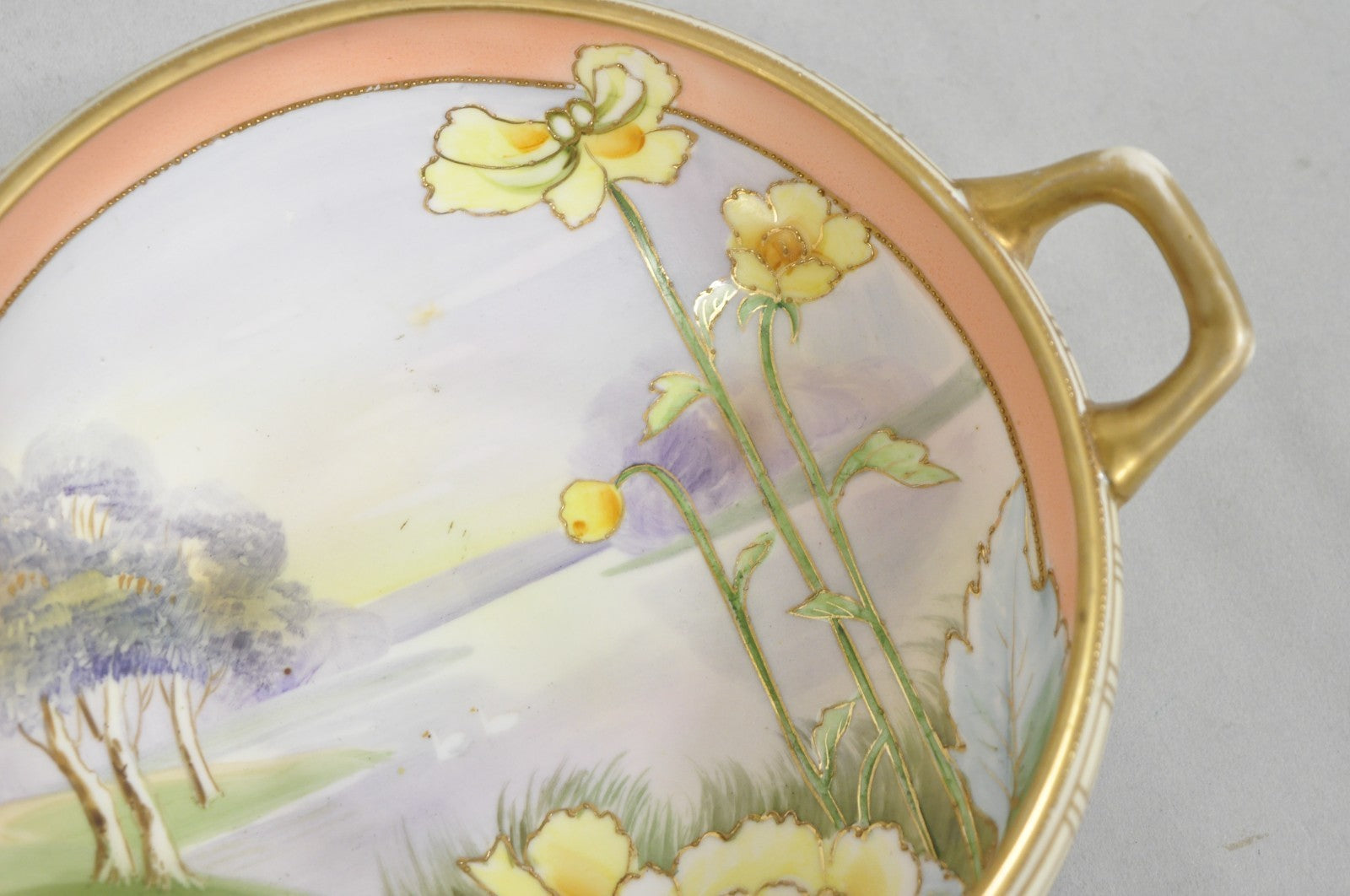 Antique Nippon Morimora Hand Painted Flowers & Ducks Coral Porcelain Bowl (A)