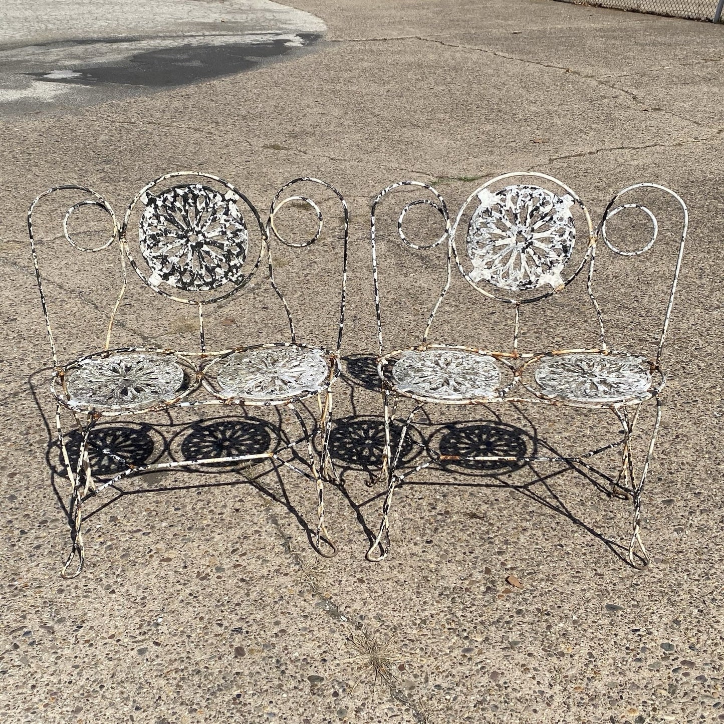 Antique Victorian French Wrought Iron Small Garden Patio Bench Plant Seat, Pair