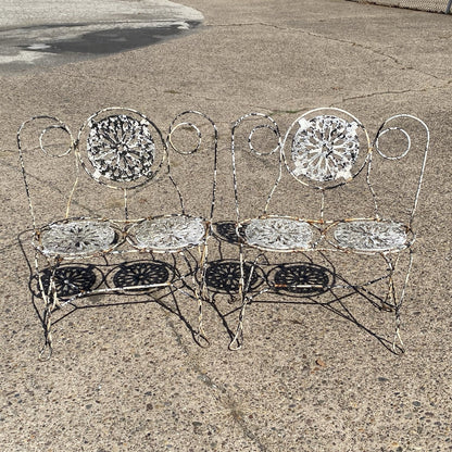 Antique Victorian French Wrought Iron Small Garden Patio Bench Plant Seat, Pair
