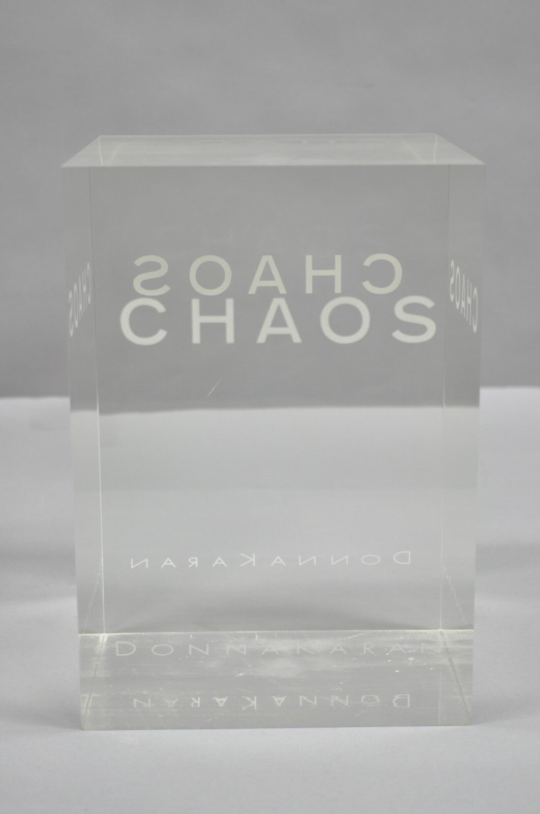 Donna Karan "Chaos" Heavy Acrylic Lucite Cube Perfume Retail Pedestal Display