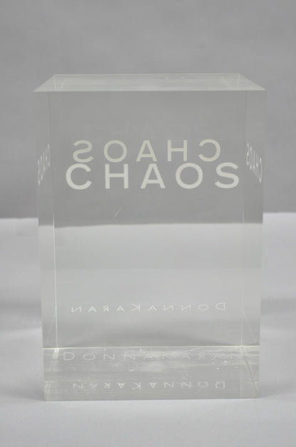 Donna Karan "Chaos" Heavy Acrylic Lucite Cube Perfume Retail Pedestal Display