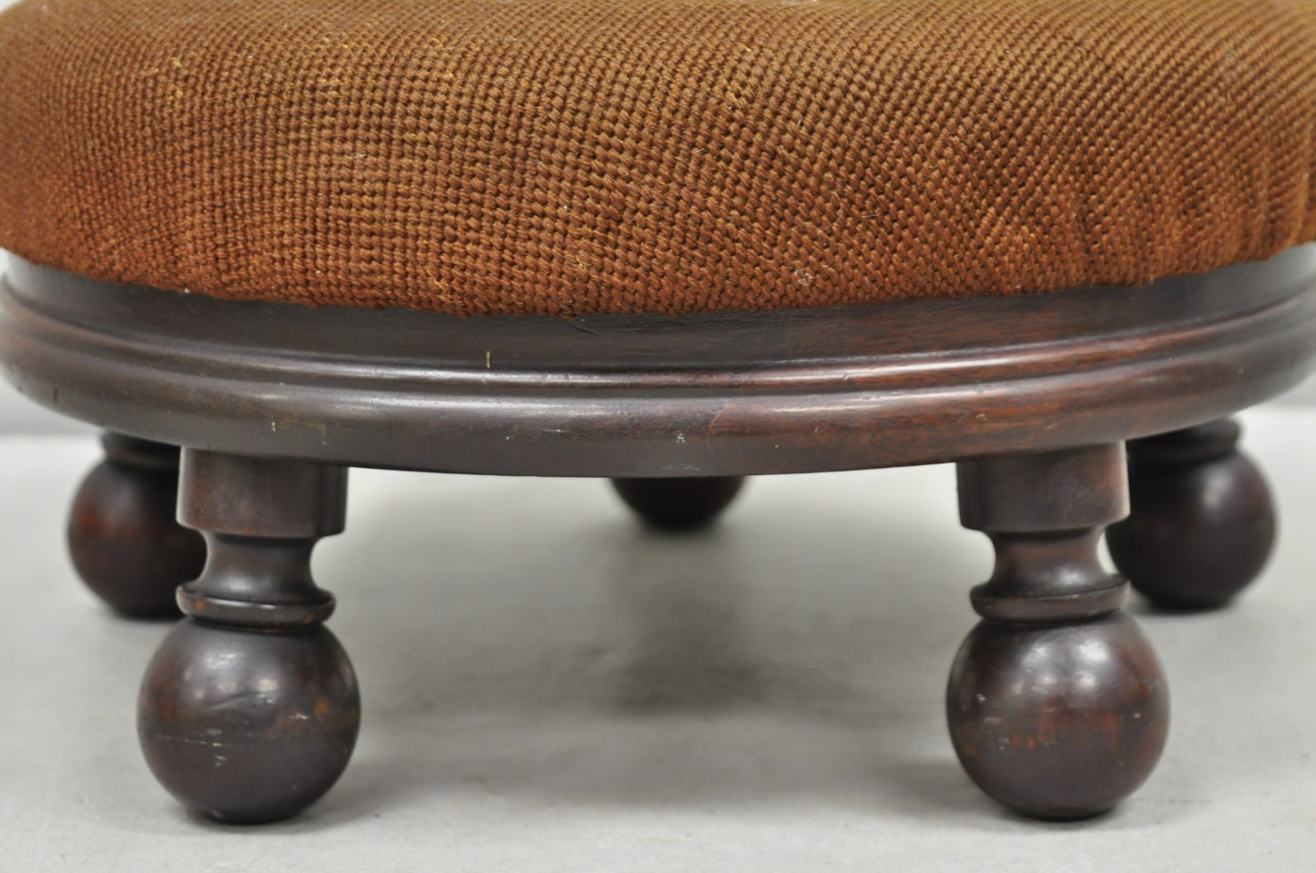 Antique Victorian Round Needlepoint Small Footstool Ottoman w/ 5 Walnut Bun Feet