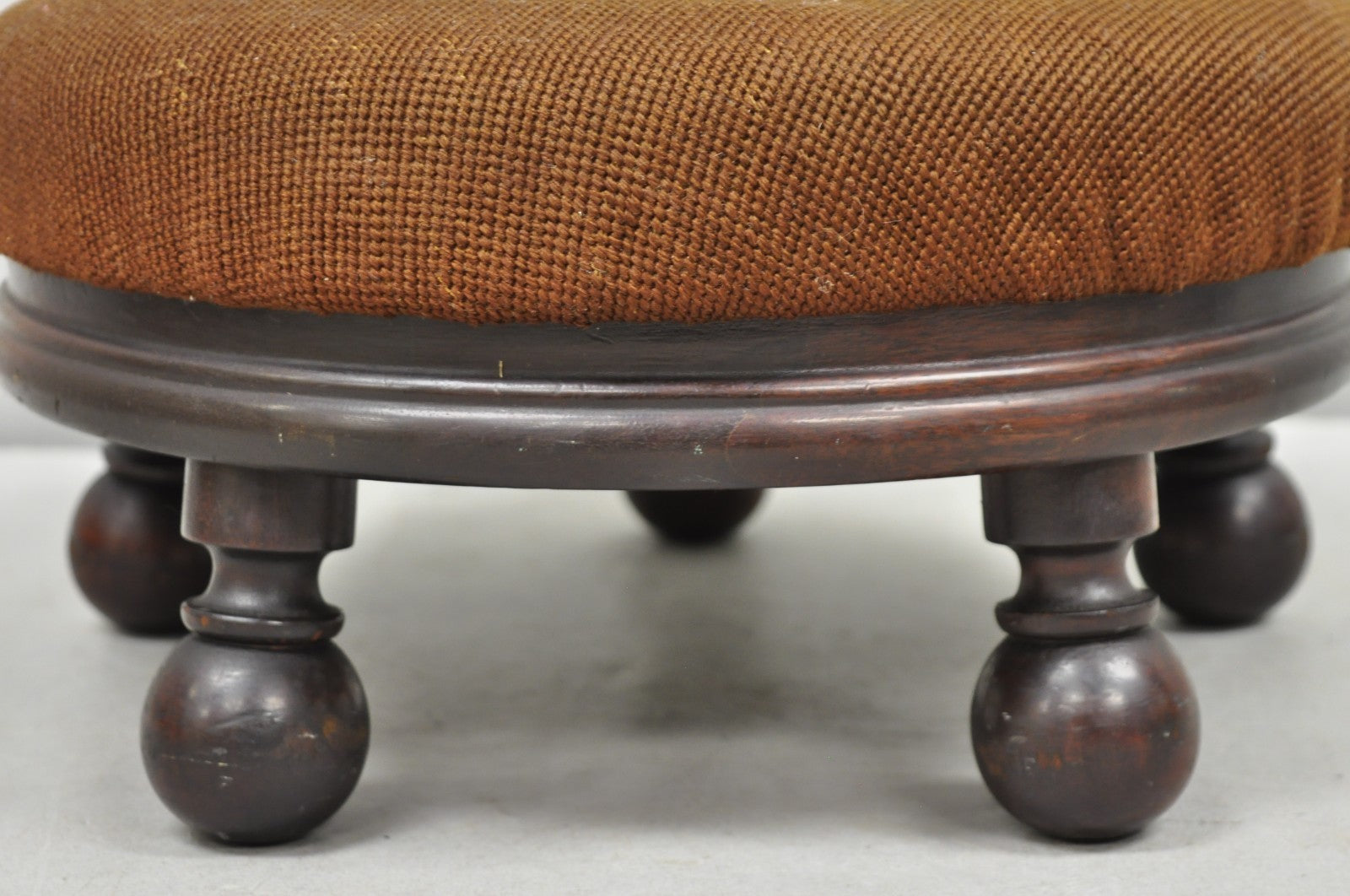 Antique Victorian Round Needlepoint Small Footstool Ottoman w/ 5 Walnut Bun Feet