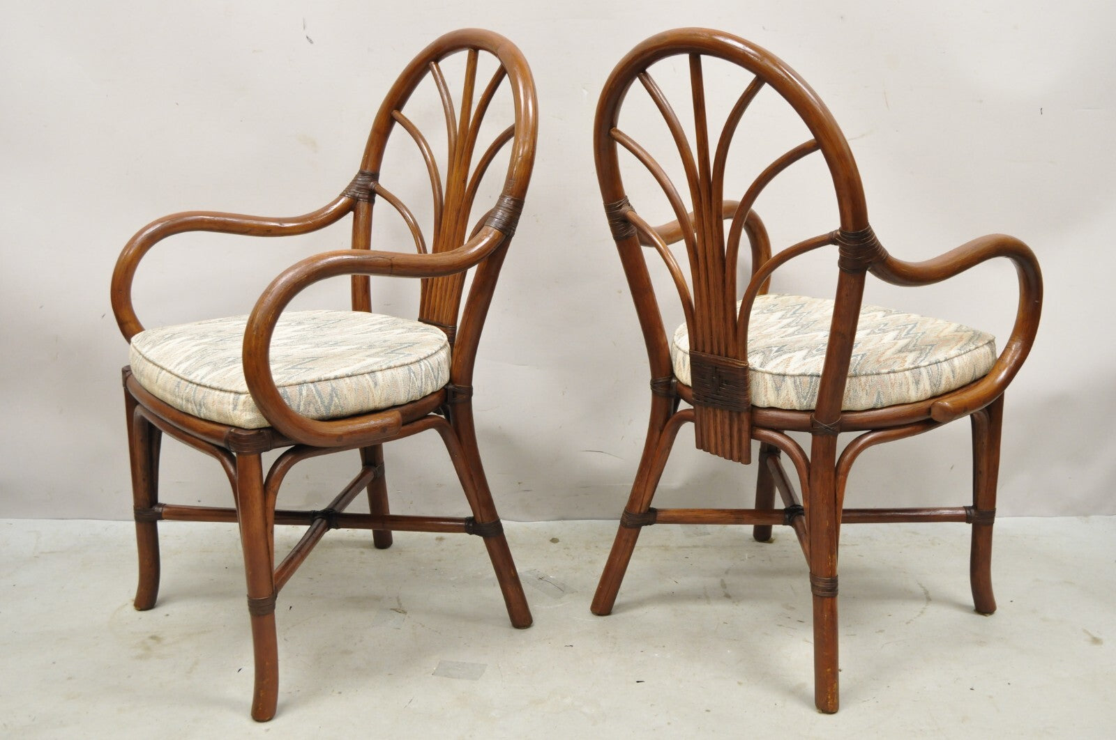 Vintage Bentwood Rattan Hollywood Regency Fan Back Dining Chairs - Set of 4