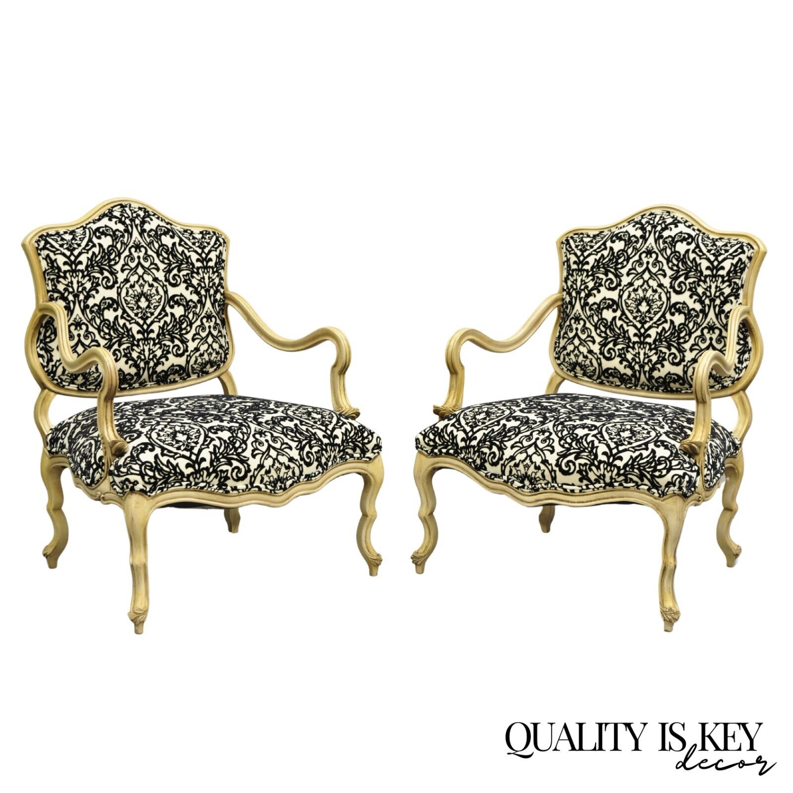 Hollywood Regency Carved Wood Low Cream Painted Damask Boudoir Chairs - a Pair