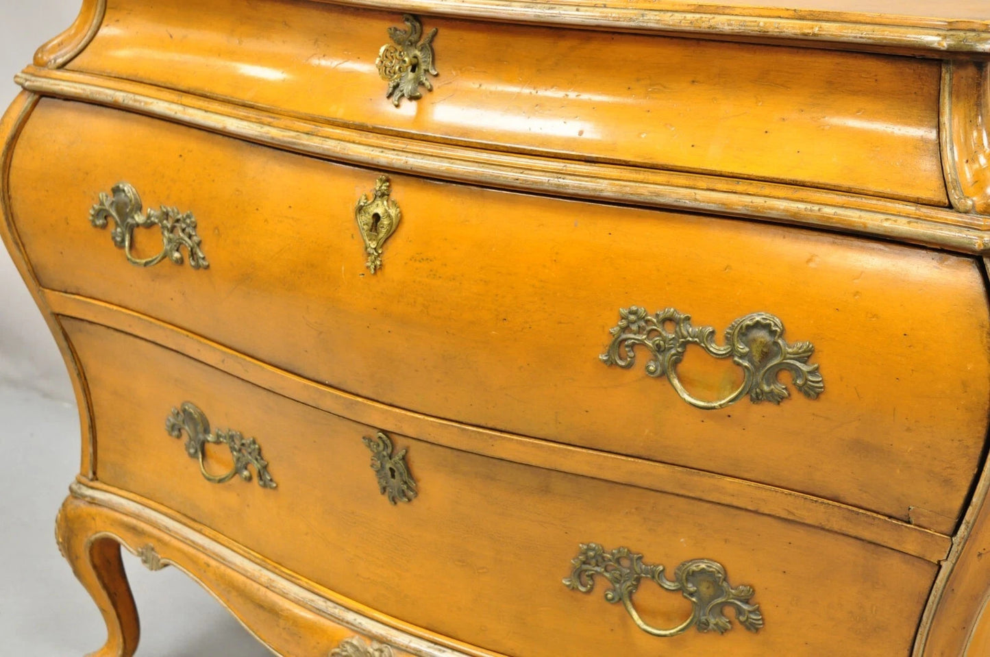 Antique Italian Rococo Louis XV Orange Painted Bombe Commode Chest of Drawers