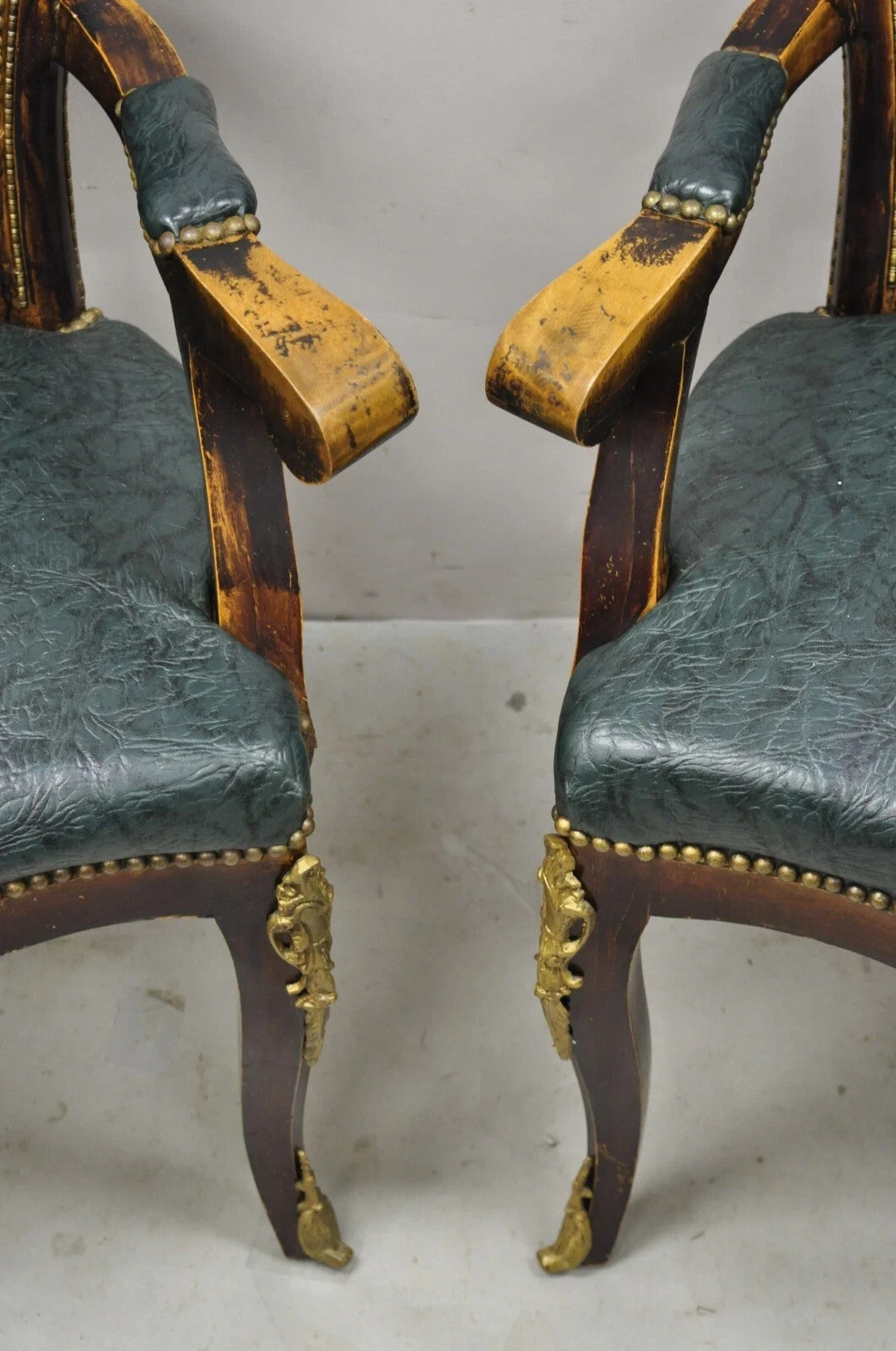 Vintage French Louis XV Style Solid Wood Bronze Ormolu Arm Chairs - a Pair