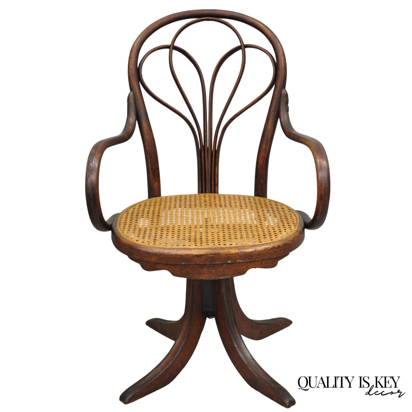 Antique Arts & Crafts Michael Thonet Oak Bentwood & Cane Swivel Captains Chair