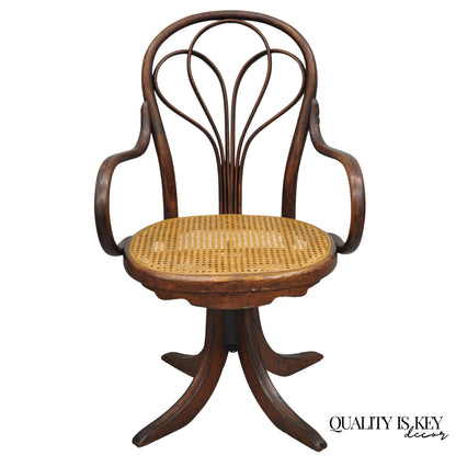 Antique Arts & Crafts Michael Thonet Oak Bentwood & Cane Swivel Captains Chair