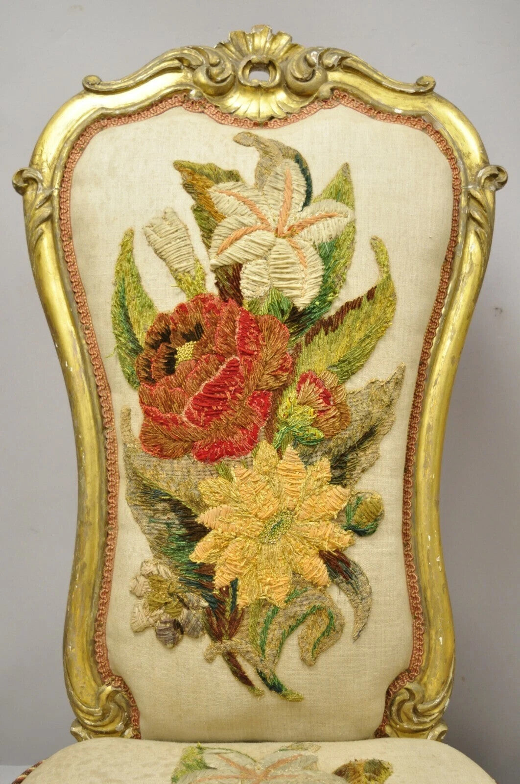 Antique Victorian Gold Giltwood Rococo Parlor Slipper Lounge Chairs - a Pair
