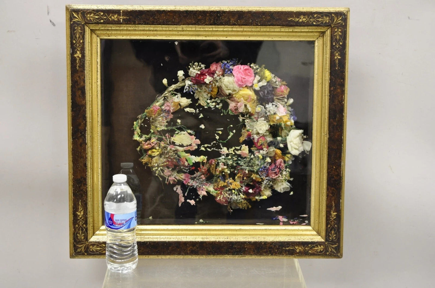 Antique Victorian Wax Flower Floral Mourning Wreath Shadow Box Wall Frame Oddity