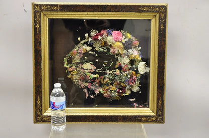 Antique Victorian Wax Flower Floral Mourning Wreath Shadow Box Wall Frame Oddity